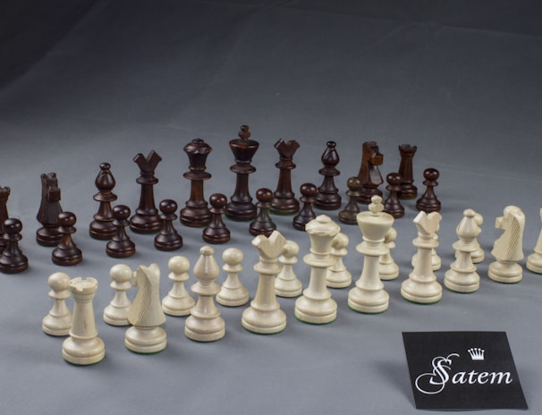 A set of chess pieces is arranged on a gray surface, consisting of both black and white pieces. In the foreground, the white pieces are arranged in two rows, while the black pieces are positioned in the background in a similar formation. The pieces include pawns, rooks, knights, bishops, queens, and kings. A small card with the brand name 'Satem' is placed in the bottom right corner of the image.